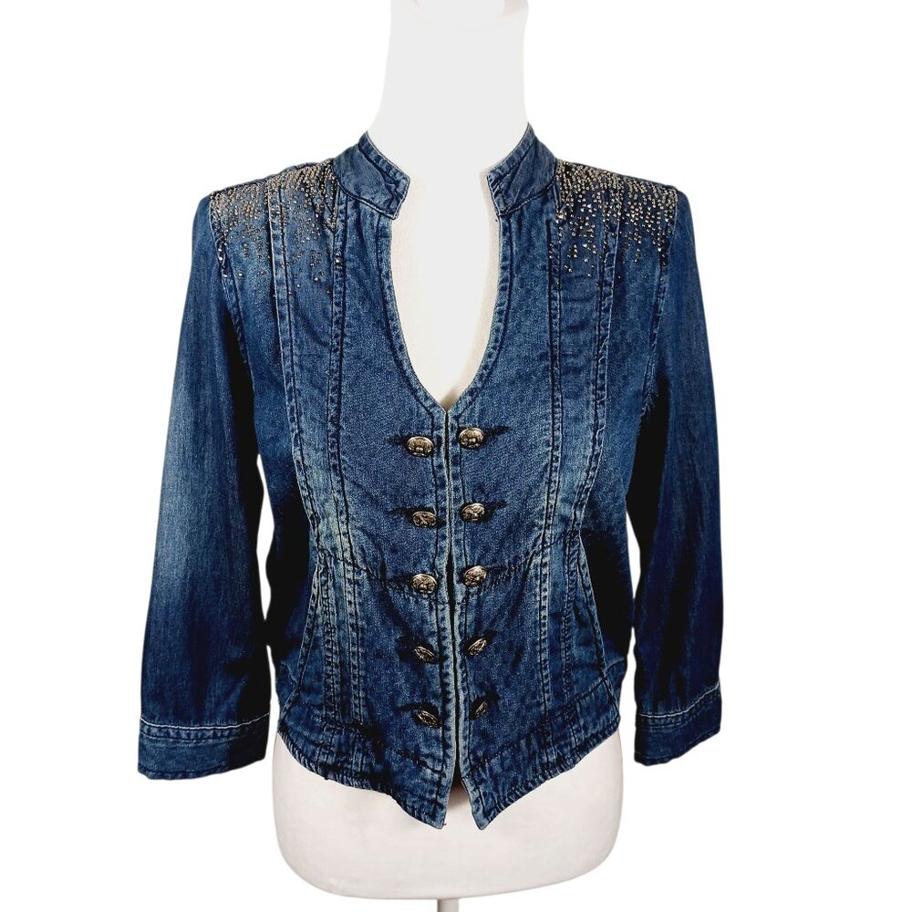 Reba Light Weight 3/4 Sleeve Embellished Denim Jacket Size Small Country Western